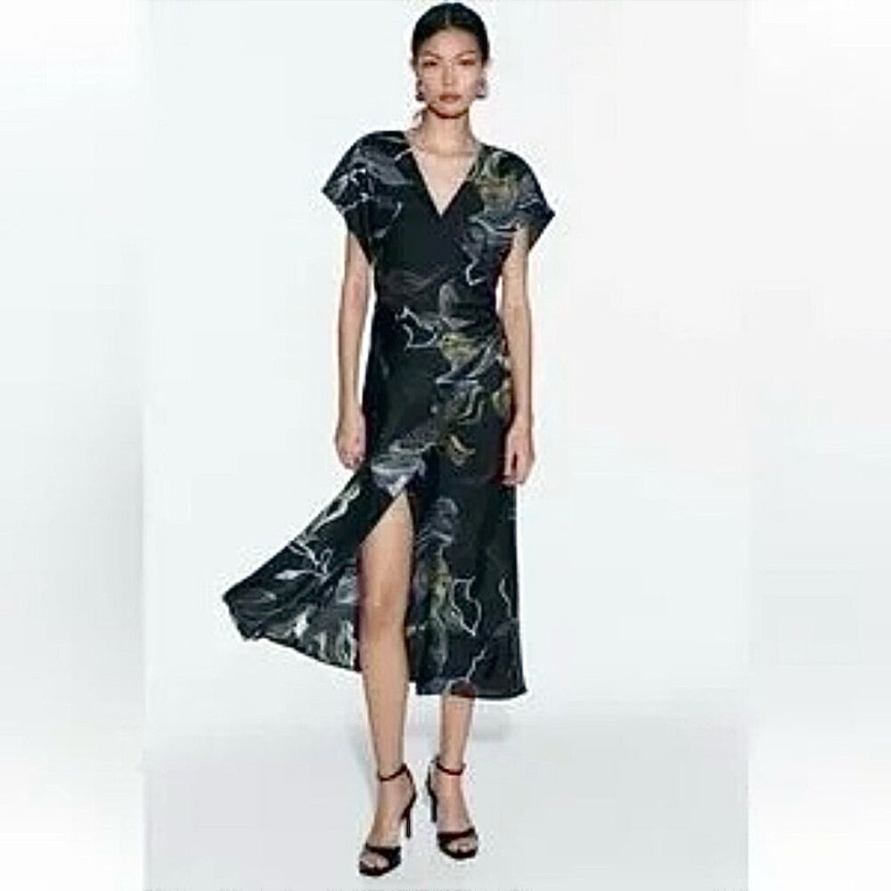 Zara Printed Satin Effect Midi Dress Large Black Green Floral Faux Wrap NWT Med